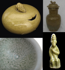 Northern Sung celadon, hand warmer with mouse, jug and cover with bird, central decoration of tea bowl and lady with high hairdo -courtesy Glade Antiques and R&G McPherson Antiques